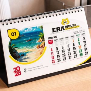 Kalender meja spiral custom full color, desain profesional, foto produk estetik untuk kebutuhan promosi dan branding.