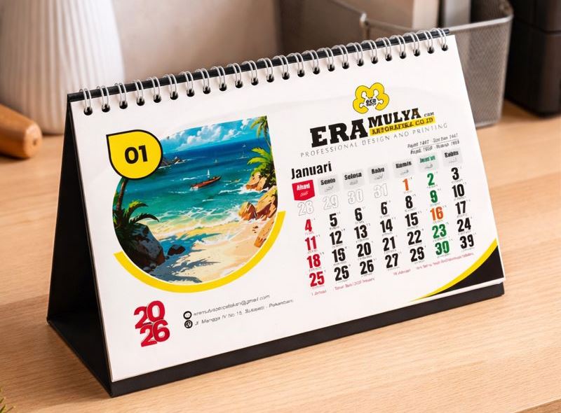 Kalender meja spiral custom full color, desain profesional, foto produk estetik untuk kebutuhan promosi dan branding.