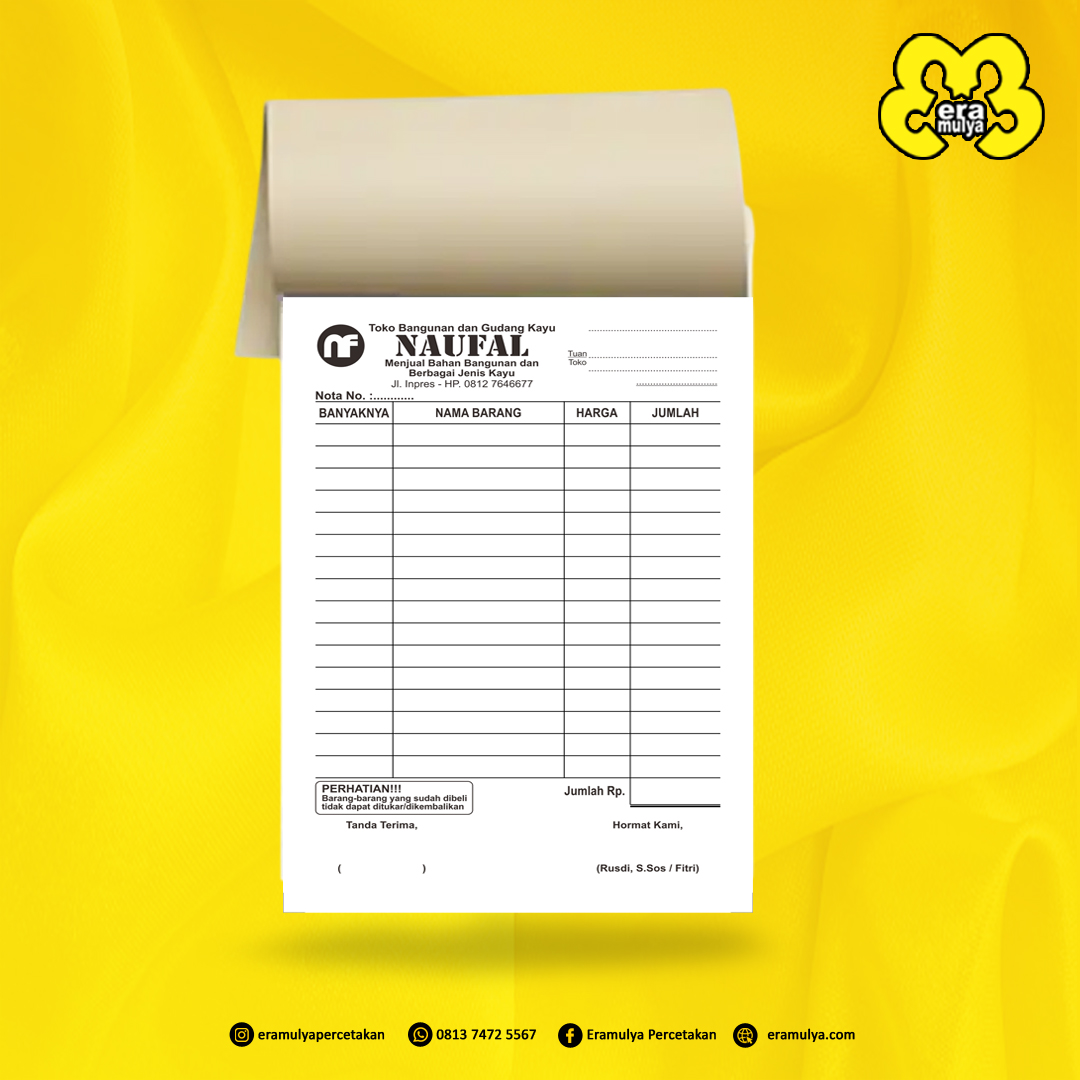 Cetak nota untuk usaha dengan desain custom